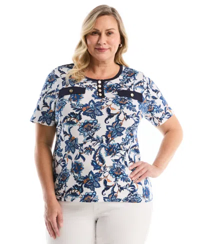 Rafaella Plus Size Botanical Welt Pocket Button Detail Short Sleeve Top In Blue