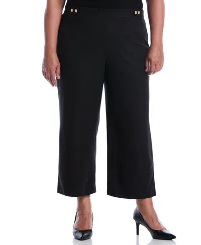Rafaella Plus Size Button Tab Wide Leg Cropped Pull-on Pants In Black