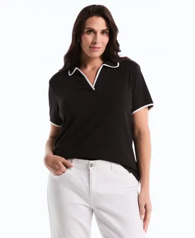 Rafaella Plus Size Contrast Trim Johnny Collar Polo T-shirt In Black