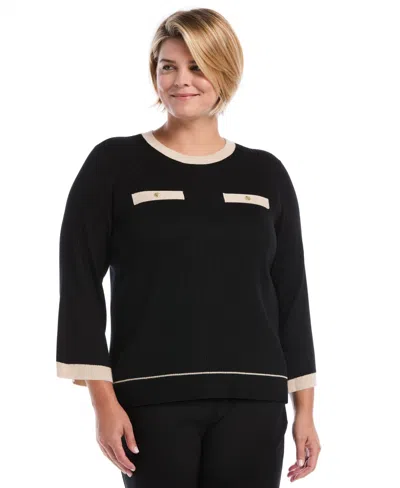 Rafaella Plus Size Contrast-trim Crewneck Sweater In Black