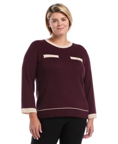 Rafaella Plus Size Contrast-trim Crewneck Sweater In Purple