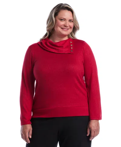 Rafaella Plus Size Cowl Neck Bell Sleeve Metallic Top In Red