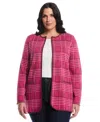 Rafaella Plus Size Crosshatch Patch Pocket Open Long Sleeve Cardigan Sweater In Pink