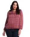 Rafaella Plus Size Crosshatch Print Split Neck Long Sleeve Popover Top In Purple