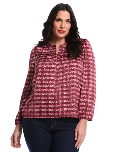 Rafaella Plus Size Crosshatch Print Split Neck Long Sleeve Popover Top In Purple