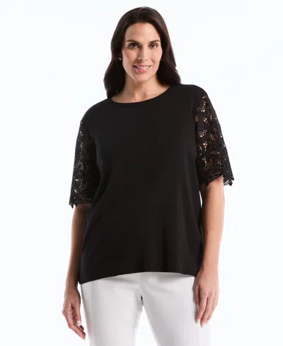 Rafaella Plus Size Drape Lace Sleeve Crewneck Top In Black