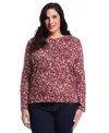 Rafaella Plus Size Elegant Print Laced Crew Neck Long Sleeve Top In Purple