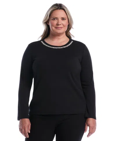 Rafaella Plus Size Embellished Crewneck Long-sleeve Cotton T-shirt In Black