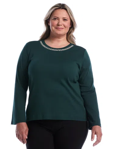 Rafaella Plus Size Embellished Crewneck Long-sleeve Cotton T-shirt In Green