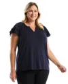 Rafaella Plus Size Eyelet Flutter Sleeve Split Neck Short Sleeve Top In Blue