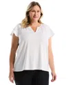 Rafaella Plus Size Eyelet Flutter Sleeve Split Neck Short Sleeve Top In White