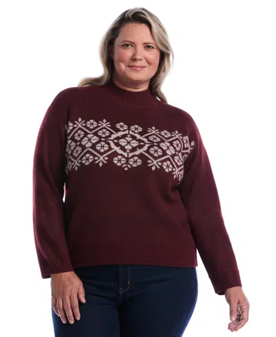 Rafaella Plus Size Floral Argyle Mock Neck Long-sleeve Pullover Sweater In Burgundy