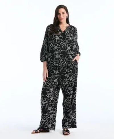 Rafaella Plus Size Floral Embroidered 3 4 Sleeve Blouse Floral Embroidered Drawstring Pants In Black