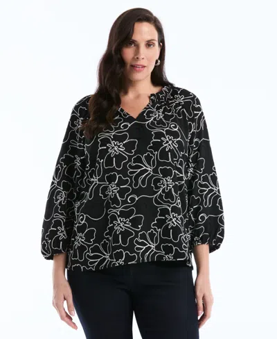 Rafaella Plus Size Floral Embroidered 3/4-sleeve Blouse In Black