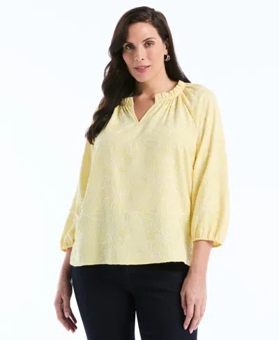 Rafaella Plus Size Floral Embroidered 3/4-sleeve Blouse In Yellow