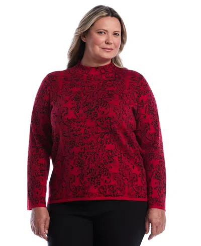Rafaella Plus Size Floral Paisley Print Long Sleeve Sweater In Red