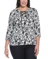 Rafaella Plus Size Floral Print Lace Up 3/4 Sleeve Top In Black