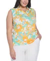 Rafaella Plus Size Floral Print Ribbed Sleeveless Polo T-shirt In Pool Blue