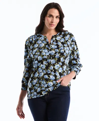 Rafaella Plus Size Floral Print Shirred 3/4-length Sleeve Top In Blue
