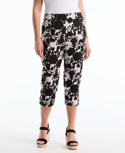 Rafaella Plus Size Floral Riveted Vent Printed Capri Pants In Black
