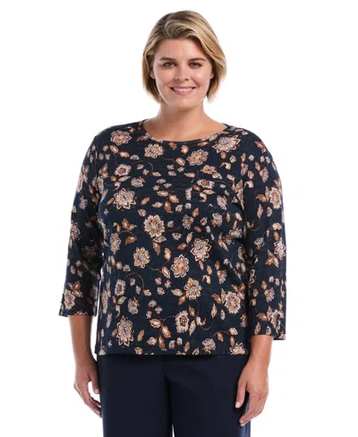 Rafaella Plus Size Floral-print 3/4-sleeve Cotton Blouse In Multi