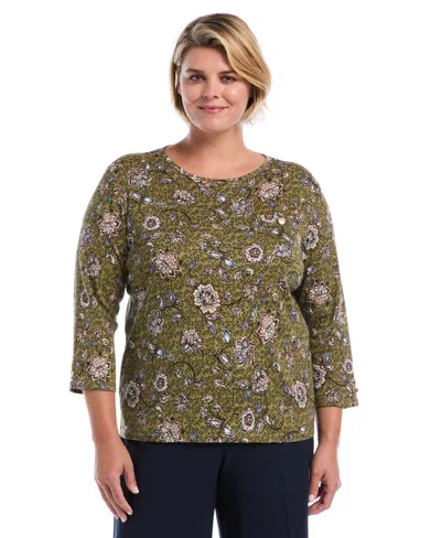 Rafaella Plus Size Floral-print 3/4-sleeve Cotton Blouse In Green