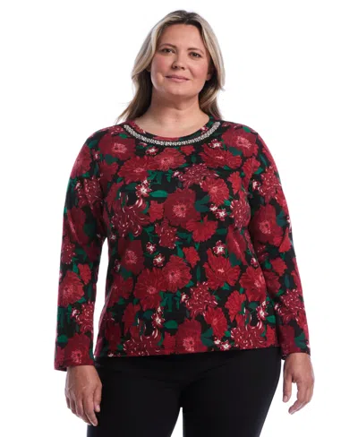 Rafaella Plus Size Floral-print Bell-sleeve Embellished T-shirt In Red