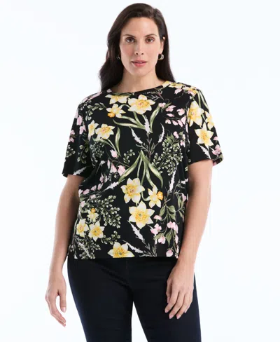 Rafaella Plus Size Garden Print Button Detail Short-sleeve Top In Black