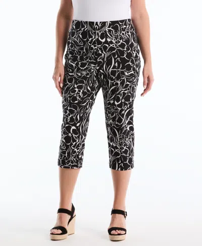 Rafaella Plus Size Hibiscus Printed Pull-on Capri Pants In Black