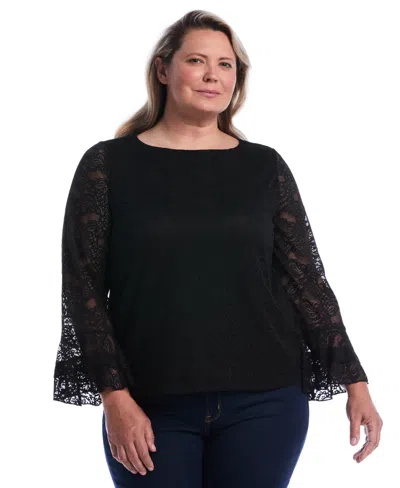 Rafaella Plus Size Lace Ruffle Sleeve B Boatneck Blouse In Black