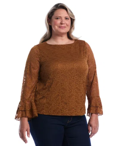 Rafaella Plus Size Lace Ruffle Sleeve B Boatneck Blouse In Brown