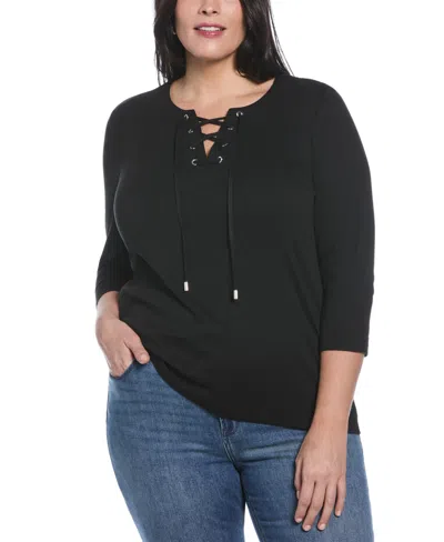 Rafaella Plus Size Lace Up 3/4 Sleeve Top In Black