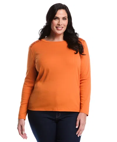 Rafaella Plus Size Laced Crew Neck Long Sleeve Top In Brown