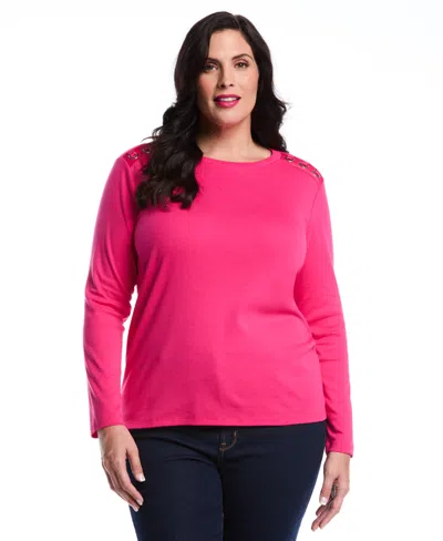 Rafaella Plus Size Laced Crew Neck Long Sleeve Top In Pink