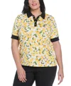 Rafaella Plus Size Lemon Print Buttoned Elbow Length Sleeve Polo T-shirt In Yellow