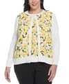 Rafaella Plus Size Lemon Print Woven Front Long Sleeve Cardigan Sweater In Yellow