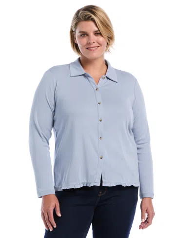 Rafaella Plus Size Long-sleeve Point Collar Ruffle-trim Top In Blue