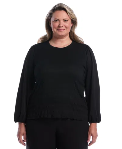 Rafaella Plus Size Long-sleeve Puff-sleeve Crewneck Blouse In Black