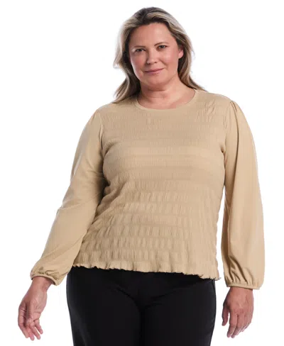 Rafaella Plus Size Long-sleeve Puff-sleeve Crewneck Blouse In Brown