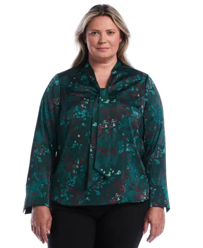 Rafaella Plus Size Long-sleeve Satin Floral-print Blouse In Green