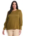 Rafaella Plus Size Metallic Puff Long Sleeve Crew Neck Top In Green