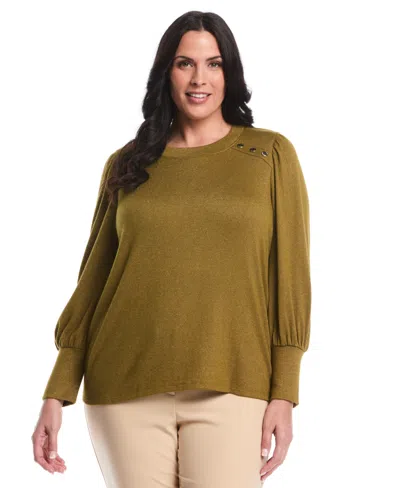Rafaella Plus Size Metallic Puff Long Sleeve Crew Neck Top In Green
