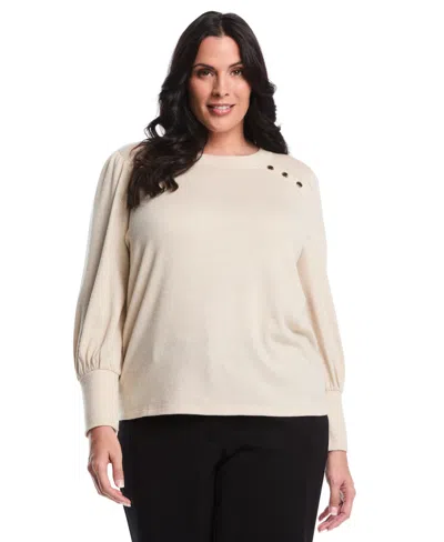 Rafaella Plus Size Metallic Puff Long Sleeve Crew Neck Top In Neutral