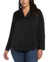 Rafaella Plus Size Notch Collar Silk Long Sleeve Button-down Blouse In Black