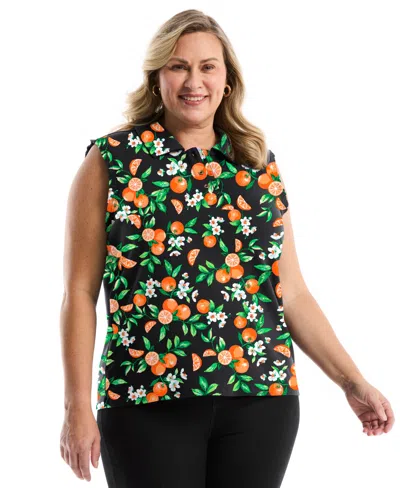 Rafaella Plus Size Orange Print Ruffle Trim Sleeveless Polo Shirt In Multi