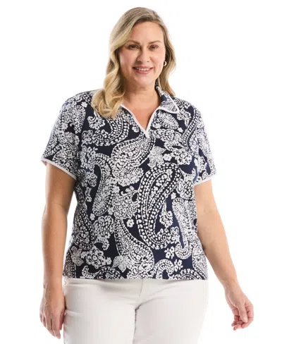 Rafaella Plus Size Paisley Print Contrast Trim Johnny Collar Short Sleeve Polo Shirt In Blue