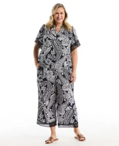 Rafaella Plus Size Paisley Print Flutter Lace Short Sleeve Blouse Crochet Trim Pant In Peacoat