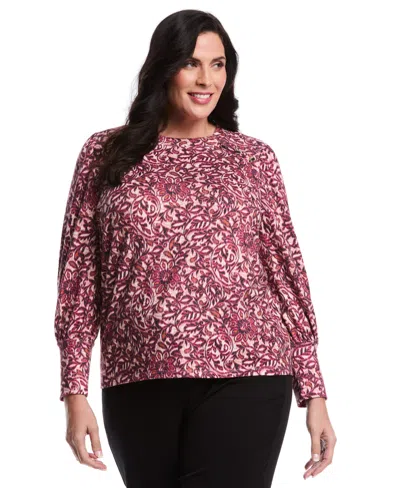 Rafaella Plus Size Paisley Print Puff Long Sleeve Crew Neck Top In Purple