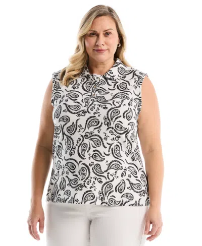 Rafaella Plus Size Paisley Print Ruffle Trim Sleeveless Polo Shirt In White