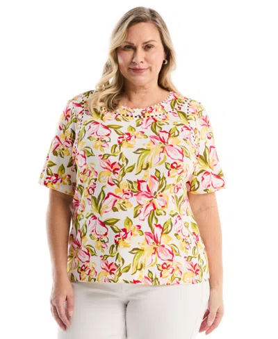 Rafaella Plus Size Petal Print Pom Trim Detail Short-sleeve Top In Multi